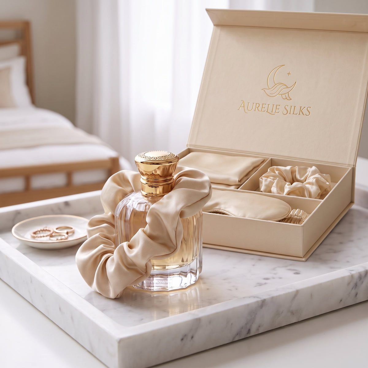 The Aurelie Silks satin sleep set, open in its gift box